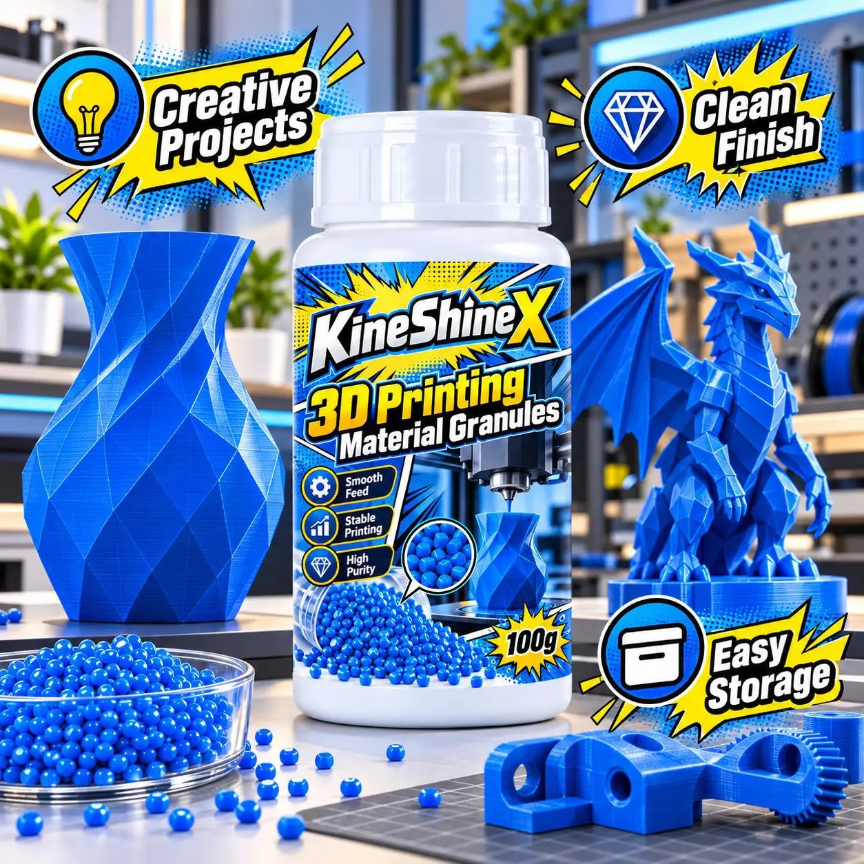 3D Printer Material Granules 100g, Blue Plastic Pellets for Pellet Extruder, Smooth Feed High Purity DIY Model Printing Projects