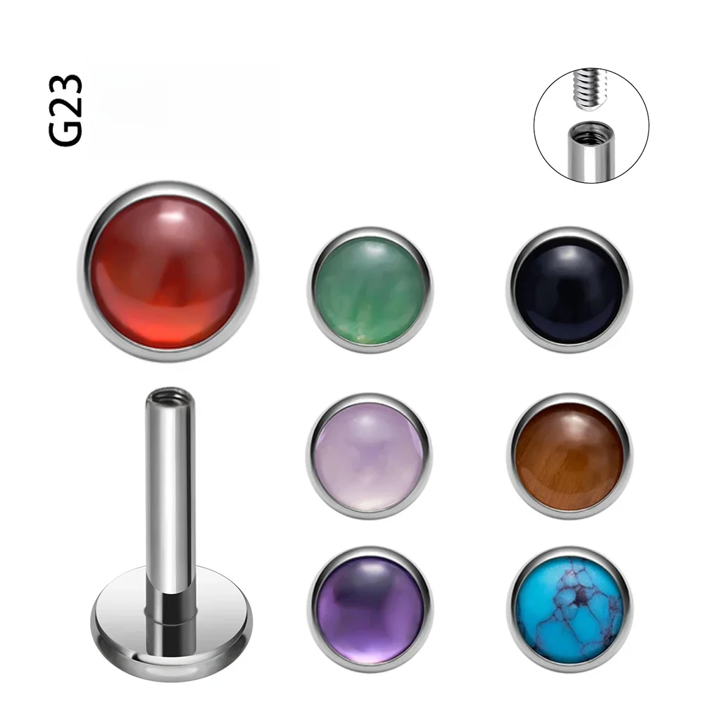ASTM F136 G23 titane circulaire oreille lèvres goujons avec pierre naturelle haut Labret langue nez boucles d'oreilles corps Piercing bijoux
