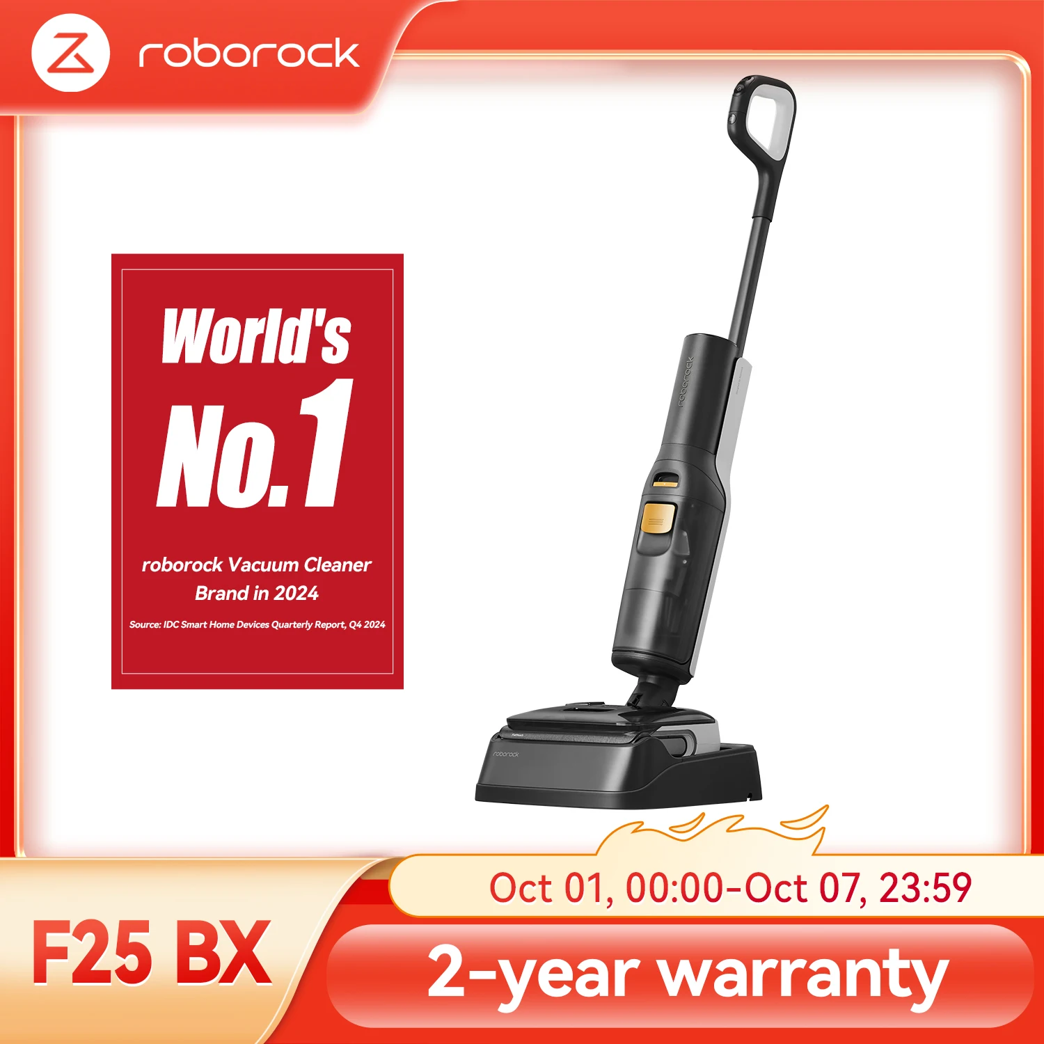 Roborock F25 BX Aspirateur sec et humide 20 000 Pa 90 ° C Air chaud séchage rapide et eau chaude autonettoyant 180 °   Plat-Retractable