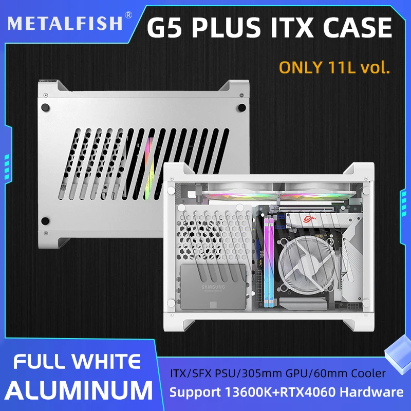 Imagem -02 - Metalfish-alumínio Itx Branco Case Mala Computador Portátil pc Gaming Pequeno Chassi Suporte Sfx Psu 306 Milímetros Gpu Ventilador 12 Centímetros g5 Plus