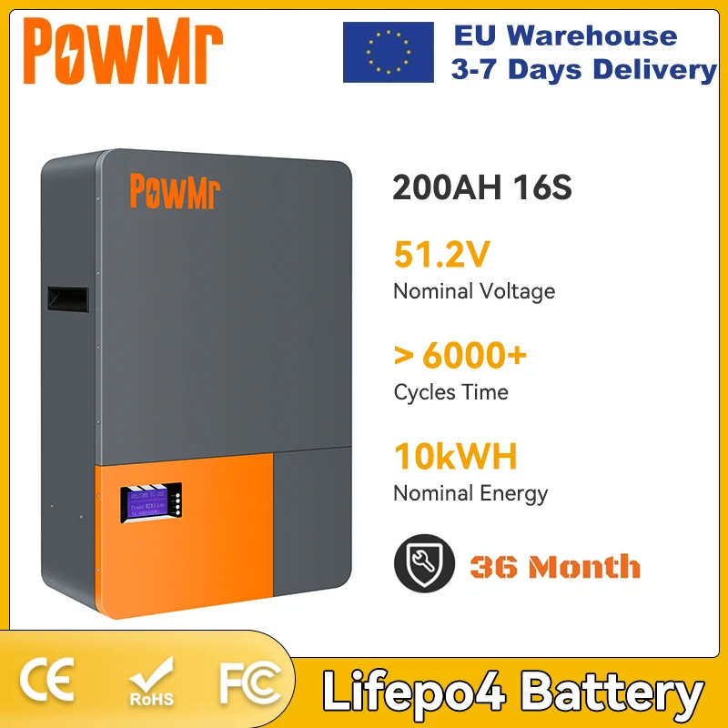 PowMr 51.2V 200Ah 10KWh LiFePo4 Battery Pack Built-in BMS CAN RS485 16S Home Rechargeable Battery Solar Storage System EU NO TAX