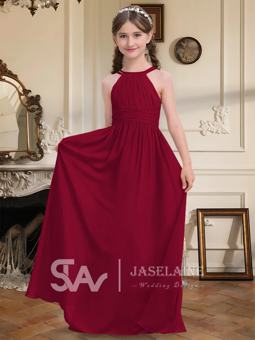 ซี คิดส์ เอเลแกนท์ เอ-ไลน์ ฮอลเตอร์ชีฟองยาวถึงพื้นชุดเพื่อนเจ้าสาวจูเนียร์ชุดสาวดอกไม้ชุดเดรสงานแต่งงานพิเศษอย่างเป็นทางการ