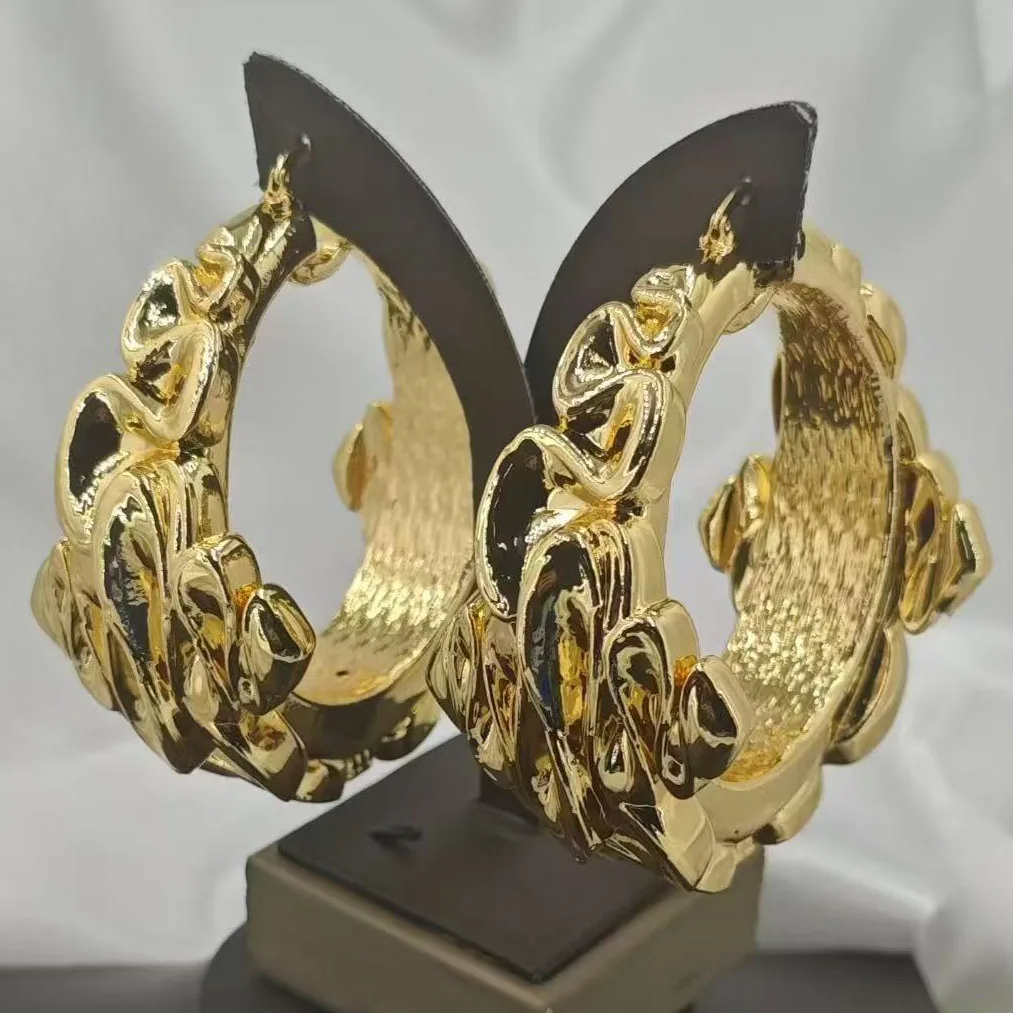 Luxury Dubai Gold Plated Chunky Hoop Earrings for Women Metal Textured Big Round Earrings African Weddind Party Accessories