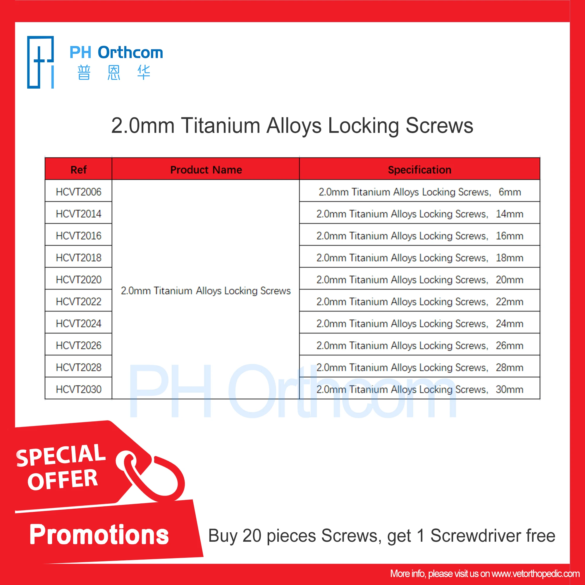 Hurry! Buy Twenty Pieces Screws, Get One Screwdriver Free! 2.0mm Titanium Locking Screws