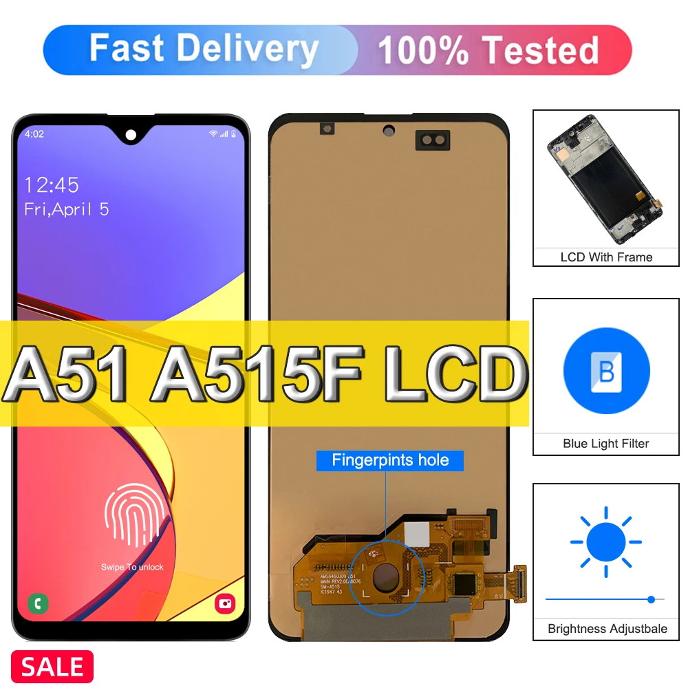 Super AMOLED For Samsung Galaxy A51 Display With Fingerprint A515 A515F Lcd Display Touch Screen Digitizer Replacement +Frame