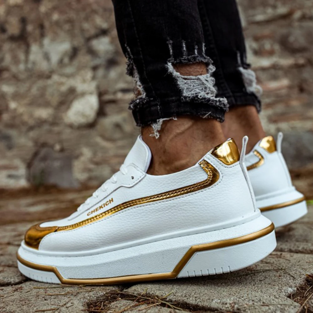 FOH Store Sneakers for Men Women WHITE GOLD Artificial Leather 2023 Spring Autumn Casual Lace Up Fashion Shoes High Base Sport Comfortable Light Vulcanized Daily Original Odorless Orthopedic Suits Office Wedding 041