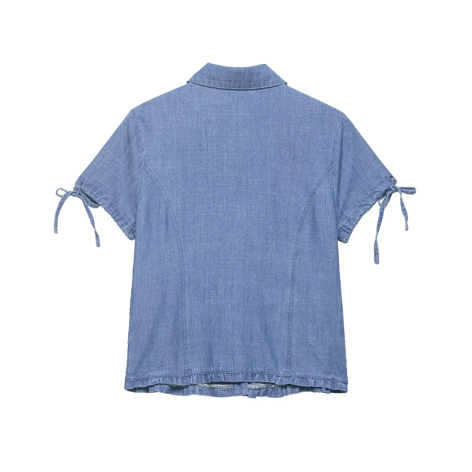 Women Blue Smocked Denim Shirt Short Sleeve Button Up Top Lapel Slim Waistcoat Summer Casual Blouse Streetwear Fashion 2026