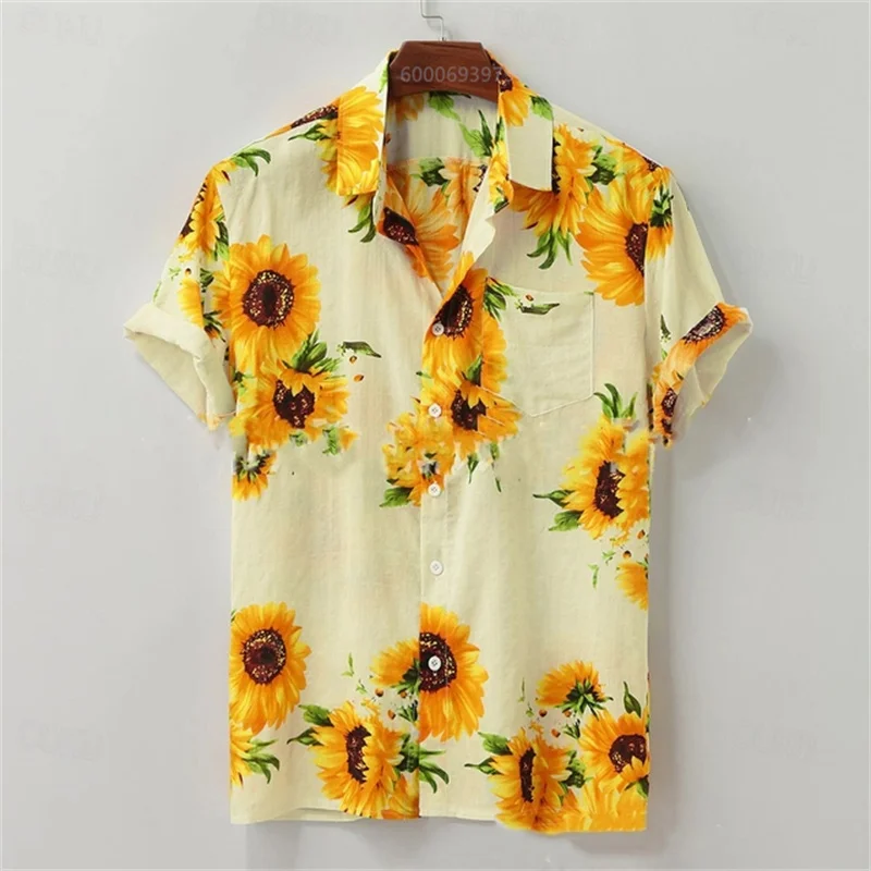 Men's sunflower short-sleeved street style designer casual outdoor everyday summer collared shirt in green and blue