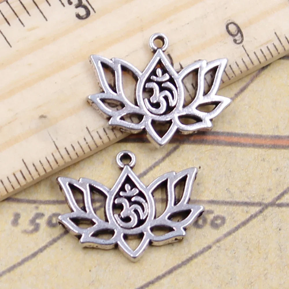 10 sztuk Charms kwiat lotosu jogi Om 21x17mm tybetański srebrny kolor wisiorki antyczna biżuteria Making DIY Handmade Craft wisiorek — zdjęcie 2