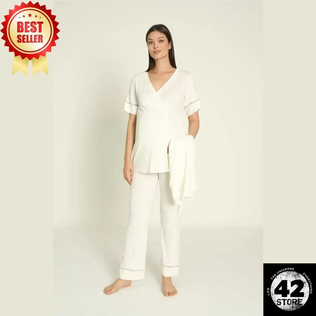 Maternity and Postpartum Pajama Set with White Dressing Gown