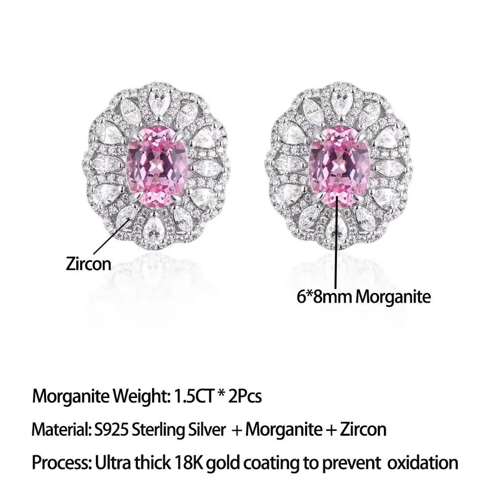Pretty Beauty Pink Morganite Jewelry Set for Women 925 Sterling Silver 3CT Lab Morganite Halo Necklace Earrings June Birthstone