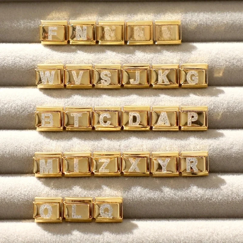 Mode doré 26 lettres A-Z liens italiens perles breloque 9mm Bracelet en acier inoxydable bijoux bricolage fabrication à la main en gros