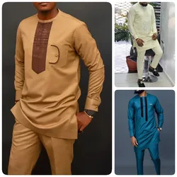 Dashiki-traje de manga larga para hombre, ropa africana de Color sólido, camisa informal, pantalones, trajes completos, 2 piezas
