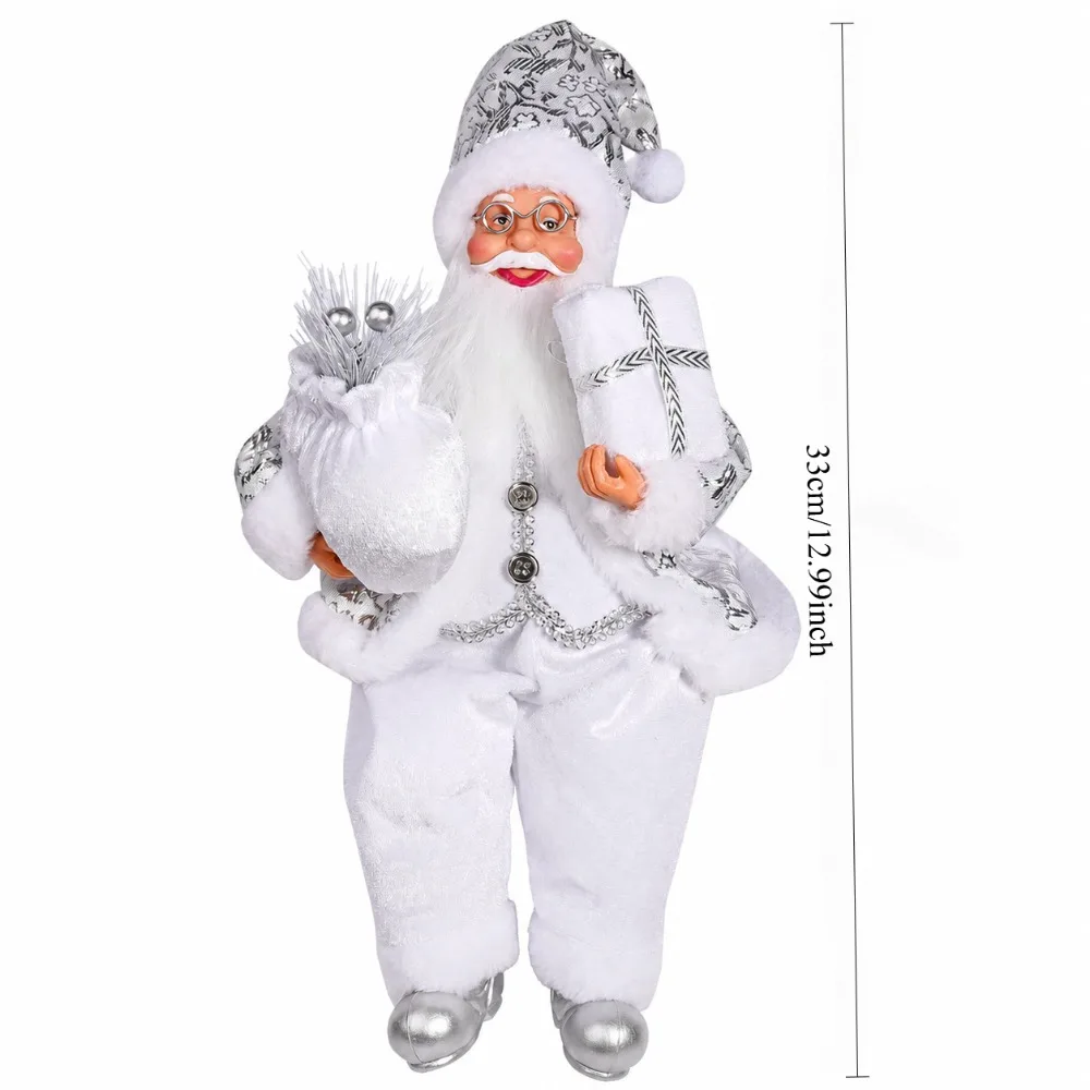 1pc White Santa Claus Decorative Item for Holiday Collection - White Robe with Silver Lines Sitting Santa Claus Figure Holding G