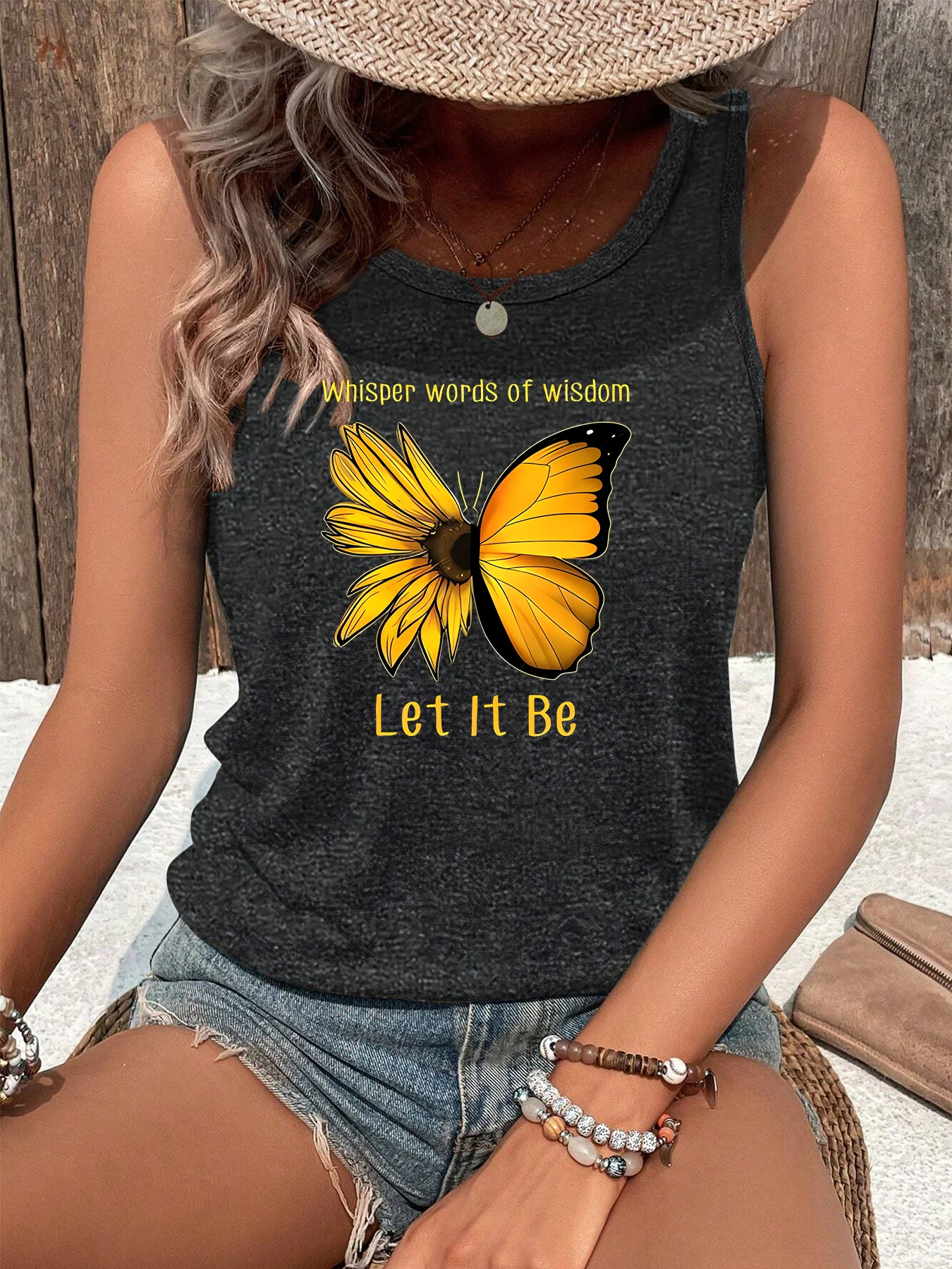 Whisper Words Of Wisdom Let It Be Butterfly Print Fashion Funny Sports Women's Tank Top Loose O Neck Sleeveless Casual Tank