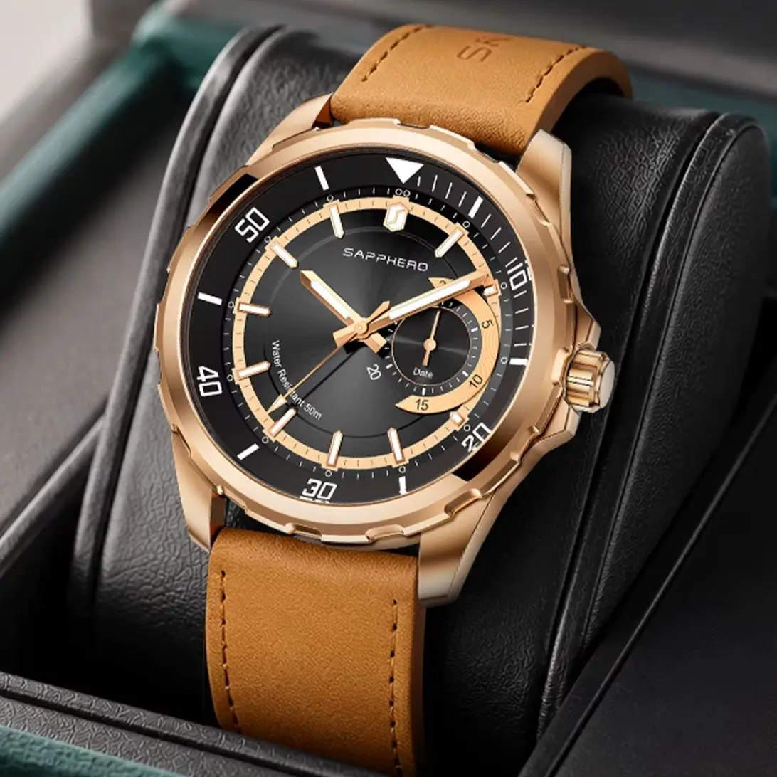 SAPPHERO Men's Quartz Watch Leather Strap 5ATM Waterproof Luminous Hardlex Crystal Stainless Steel Casual Sport Watch Gift