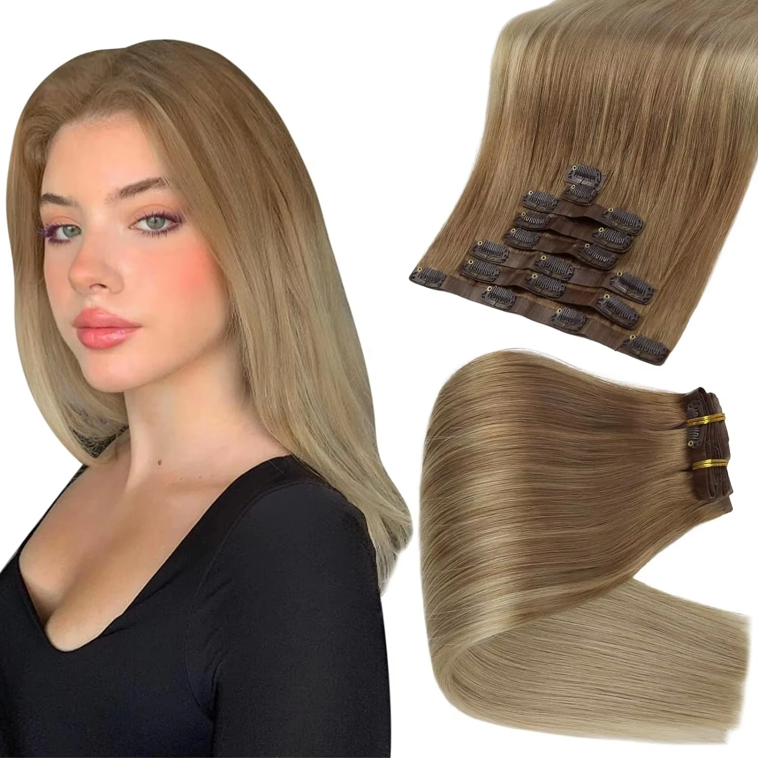 Full Shine Seamless Clip in Hair Extensions Balayage Color Human Hair PU Invisible Clip in Human Hair Extensions
