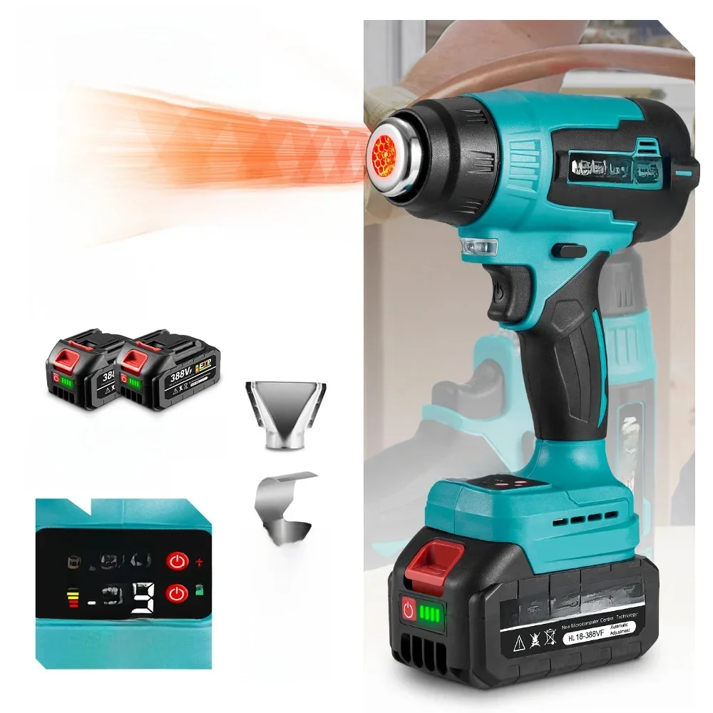 NEWBENY 2000W 500 ℃   Elektrisch heteluchtpistool 9-versnellingen Handheld draadloos oplaadbaar industrieel huisgereedschap voor Makita batterijpin - afbeelding 2