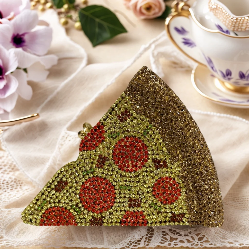 Pizza Rhinestone Evening Bag for Women Chic Funny Crystal Clutch Cocktail Party Purse Handbag for Prom Banquet