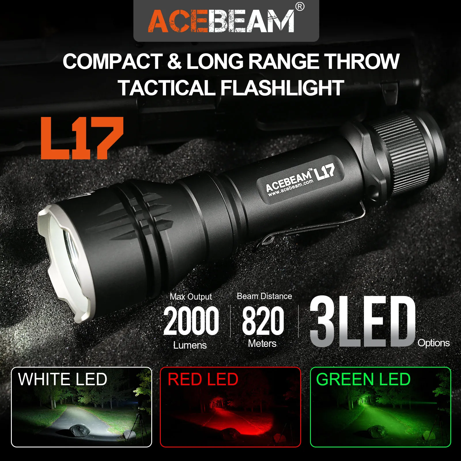 ACEBEAM-linterna táctica de largo alcance L17 supercompacta, 802 metros, 1400 lúmenes, LED, alta compatibilidad de accesorios