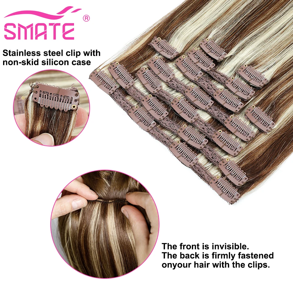 7Pcs Clip in Hair Extensions 100% Human Hair Straight Hairpiece Natural Hair Extensions Full Head Ombre Color For Women