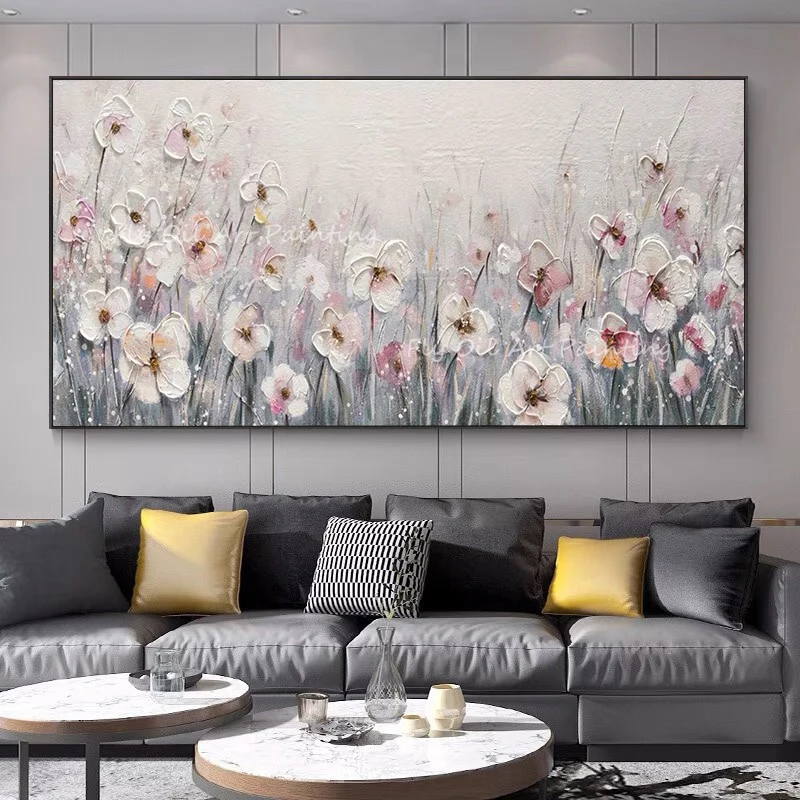 

100% Hand Painted white and pink flower large size high quality texture modern picture art oil paiinting for living room decor