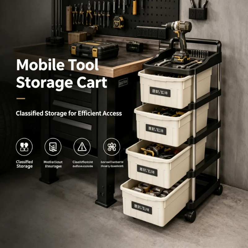 2/3/4/5-tier mobile garage tool storage cart, rolling drawer organizer, beige drawers with anti-drop clips and raised edge top tray, multipurpose trays, sturdy stainless steel frame storage cart, with lockable 360° swivel casters, great for organizing har