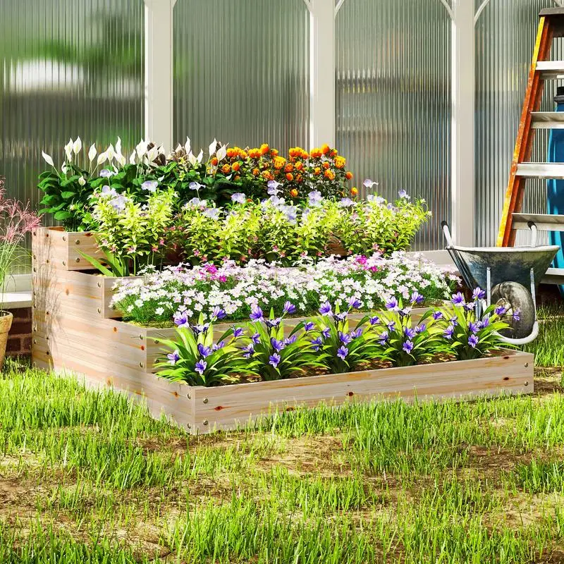 Carré potager de jardin sans fond 4 étages pour herbes légumes fruits fleurs 113 x 113 x 46 cm bois naturel