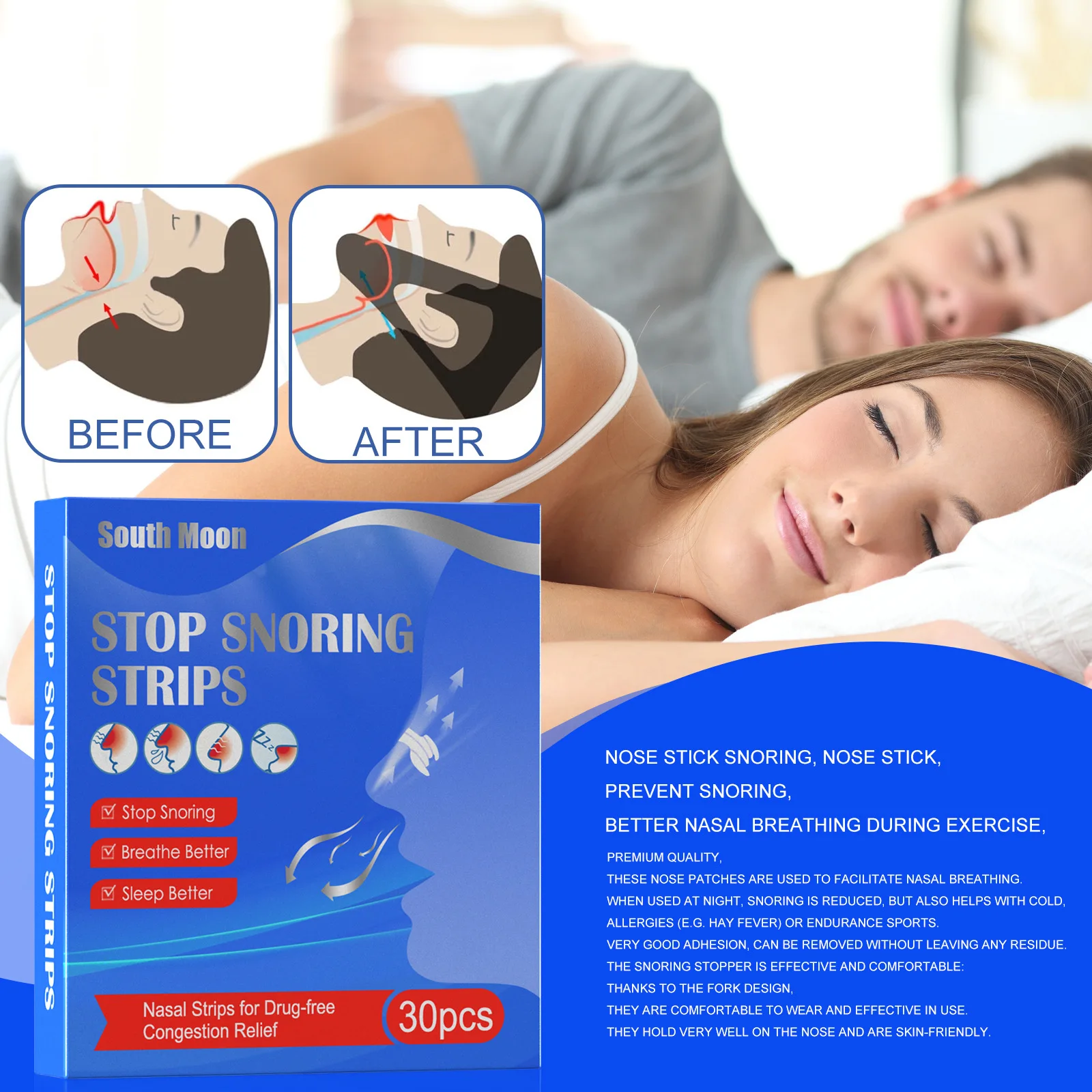 30Pcs/Box Breathe Nasal Strips Right Way Anti Snoring Sticker Nose Ventilation Easier Better Breathe Improving Sleep Health Care