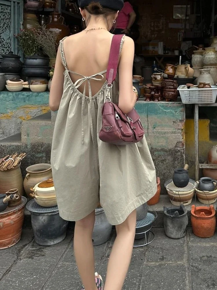 Baggy Rompers Women Backless Summer Wide Leg Breathable Leisure Vacation Ins Style Fashion Strap Street Temper Overalls Harajuku — zdjęcie 2