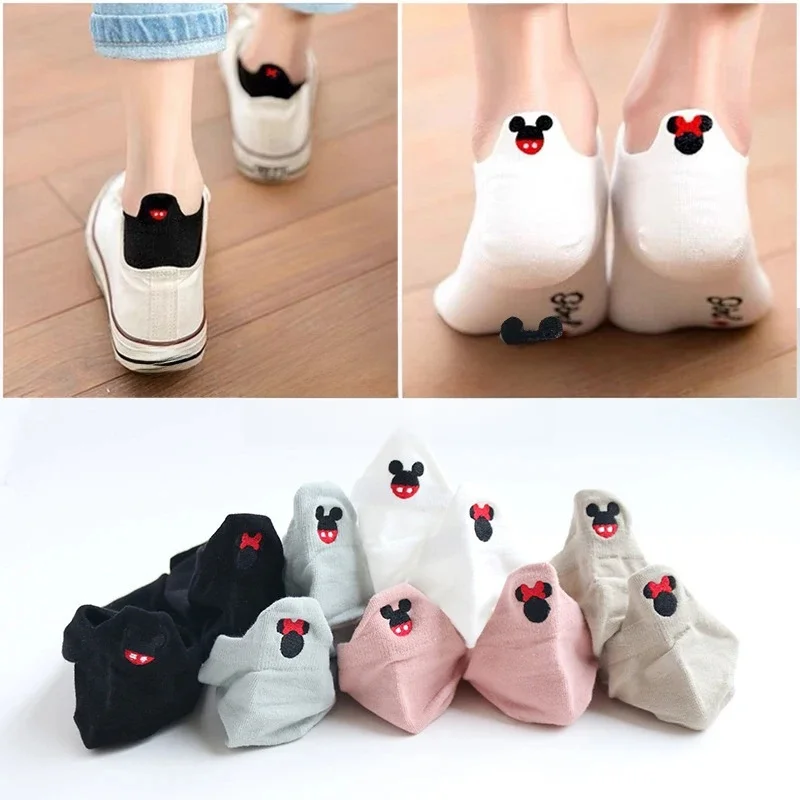 1 paire de chaussettes courtes en coton pour femme, motif dessin animé brodé souris, style kawaii, taille 36-40