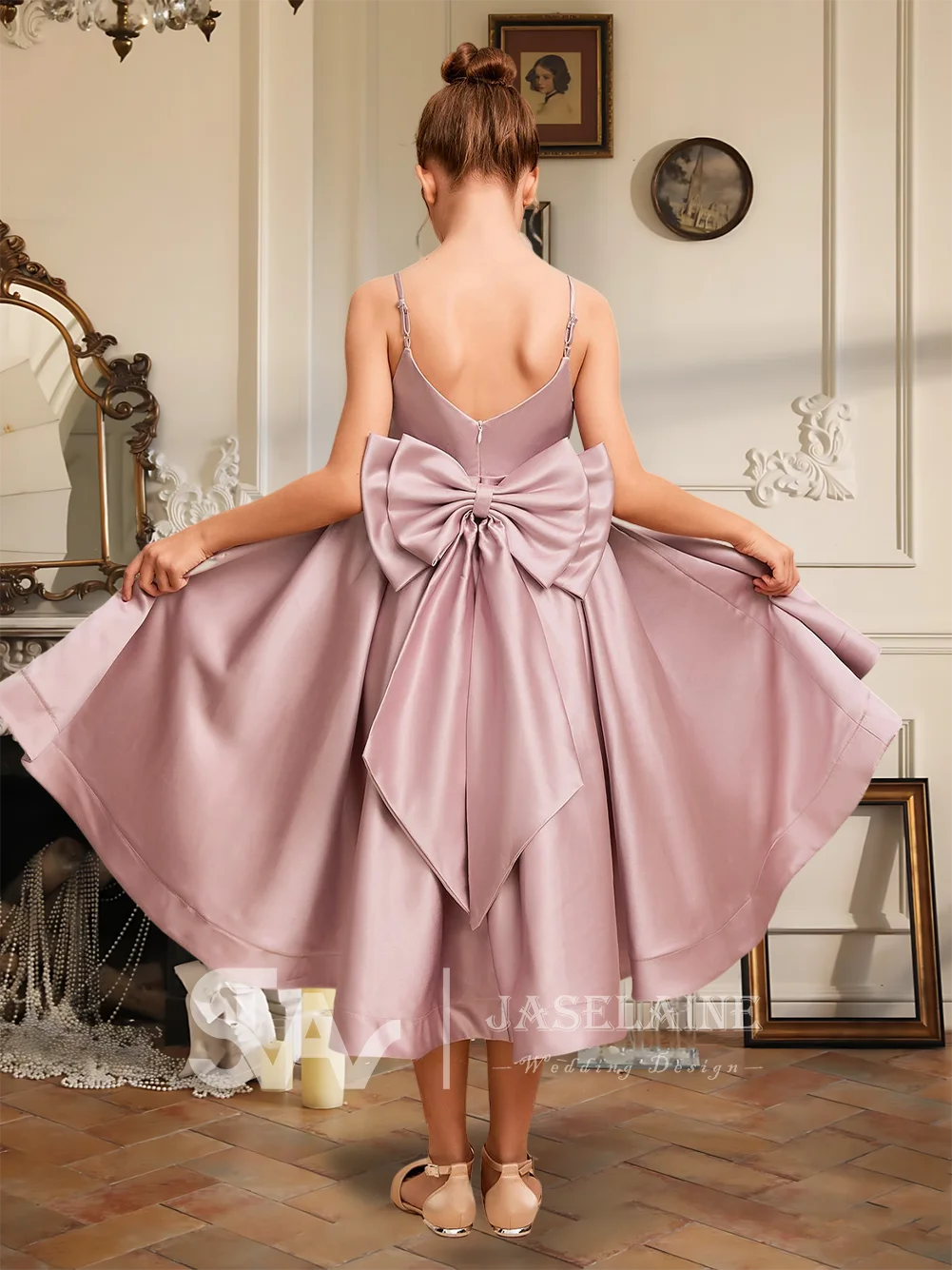 Elegant A-Line V-Neck Asymmetrical Satin Junior Bridesmaid Dress Bow Flower Girl Dress Girls Party Wedding Formal Occasion