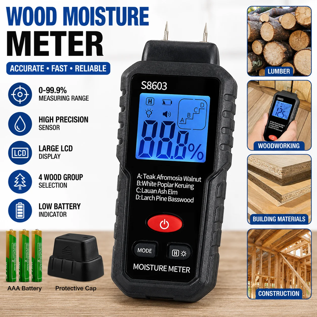 Digital Wood Moisture Meter 0-99.9% LCD Two Pin Hygrometer Damp Detector Tester for Timber Lumber Building Materials