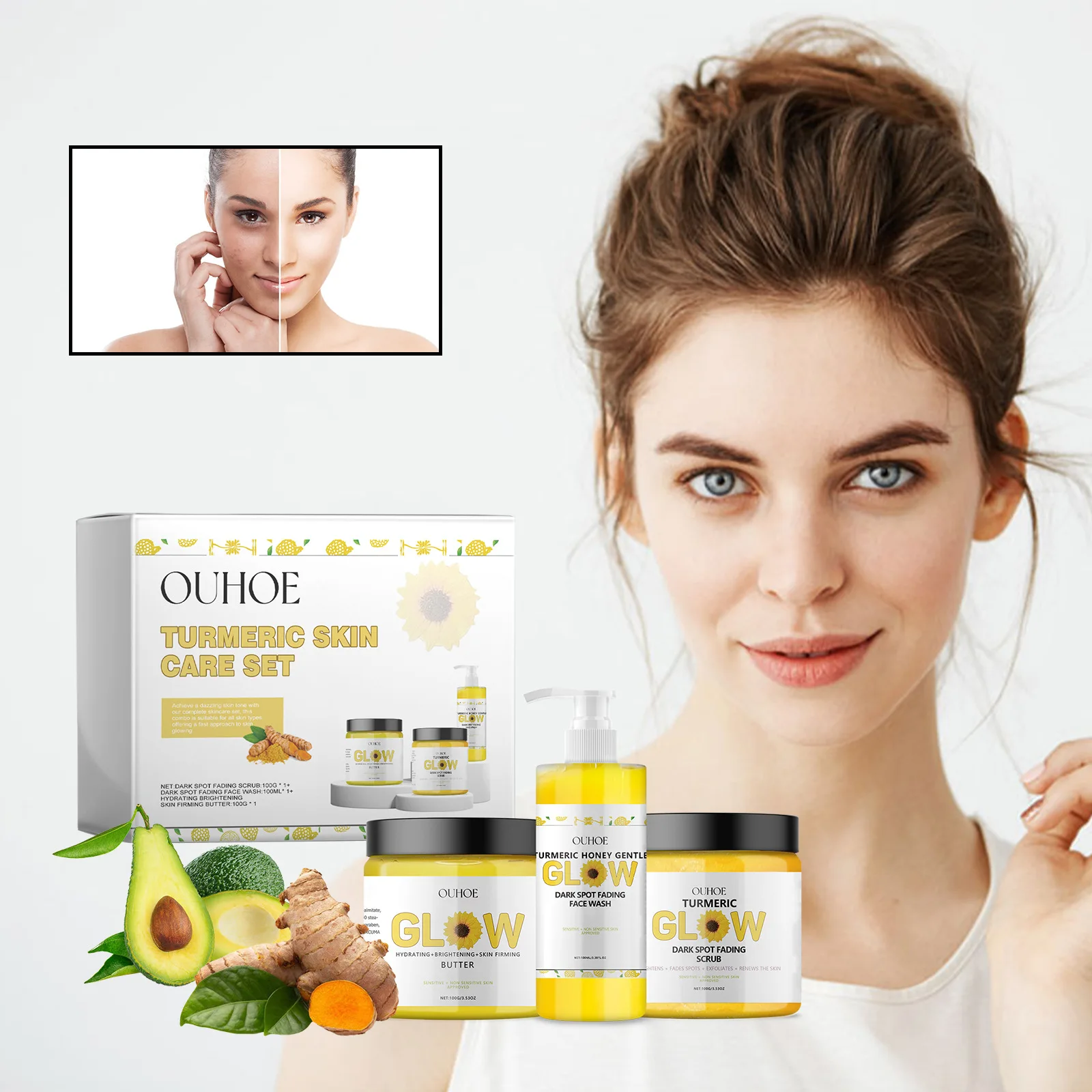 Ouhoe 1set Turmeric Face Skin Care Set Clean Skin Exfoliating Cream Hydrate Oil Control Dark Spots Remove Glowing Skin Care Set