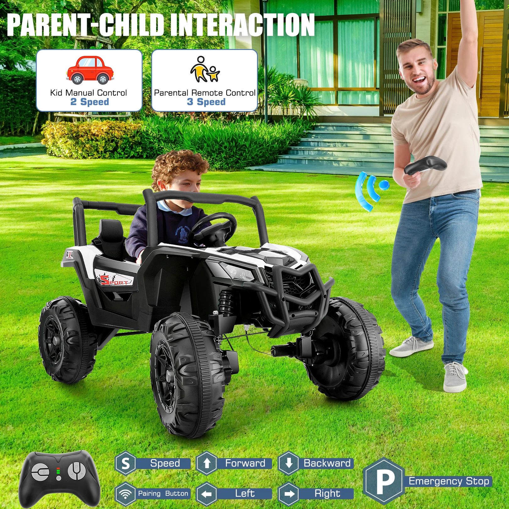 2 Seater Ride On Car for Kids, 24V, 2WD, 4WD, alimentado por bateria, UTV elétrica com controle remoto dos pais, música, Bluetooth, 3 velocidades