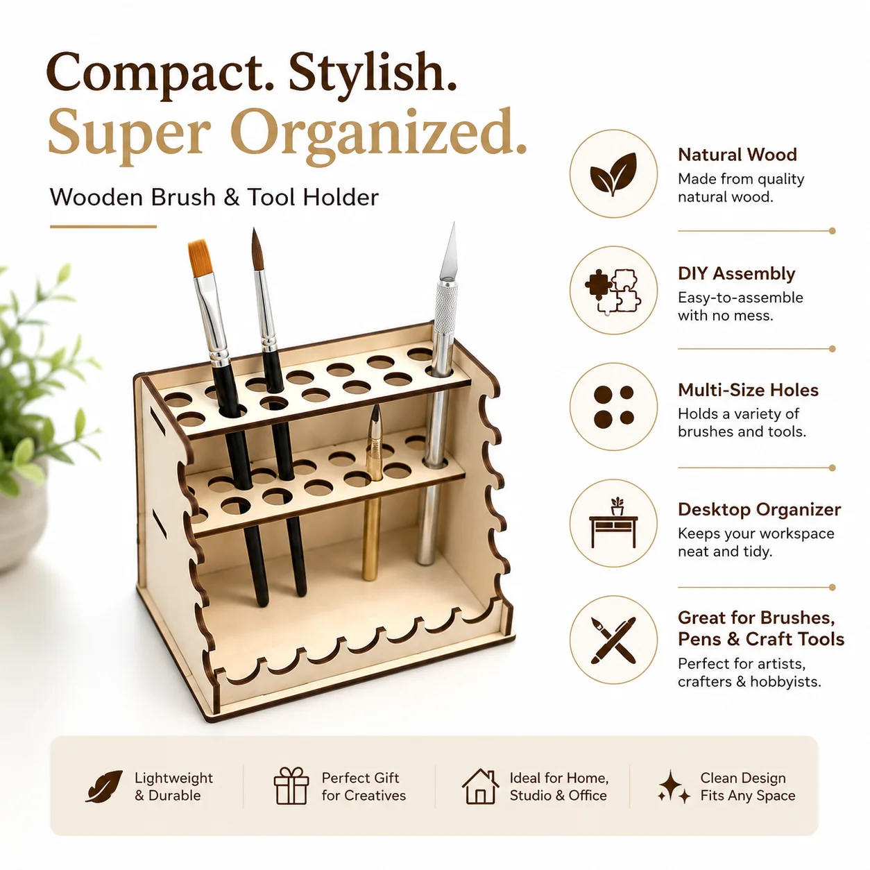 Wooden Multi Layer Craft Tool Organizer Storage Rack Two Sizes Compact Large Wave Edge Pen Brush Thread Spool Holder For Artist Painting Sewing DIY Craft Room Desk Space Saving Storage Caddy - view 4