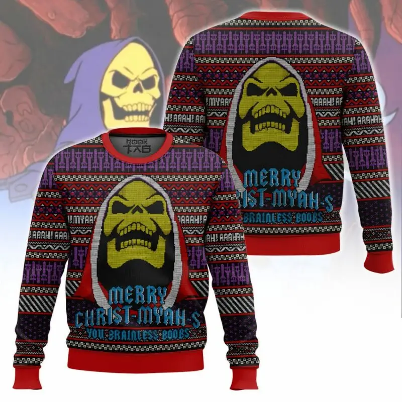 Man and Skeletor Ugly Sweater 2025 New Funny Xmas Party Wear Winter Warm Cozy Holiday Pullover Plus Size Christmas Sweater Gifts