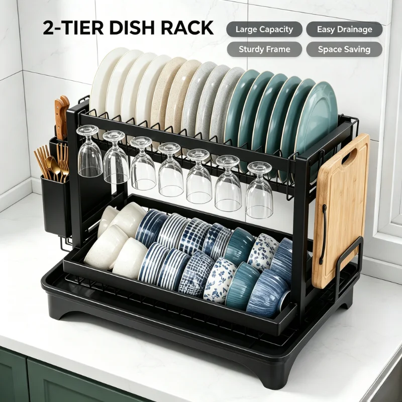 2-Tier Metal Dish Rack | Rustproof Kitchen Counter Organizer with Cutlery Cup, Board Holder & Draining Tray