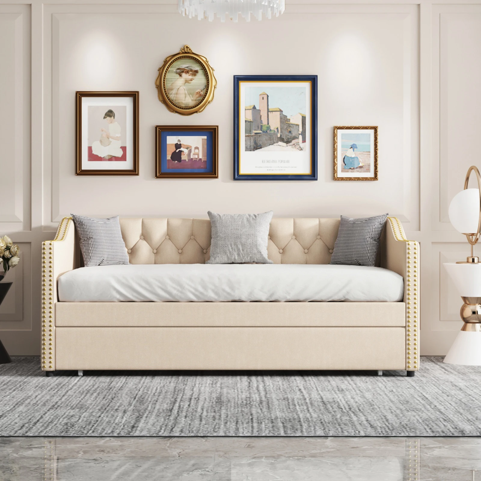 Anajqaqia Divano Letto Singolo 90 x 200 cm con Doghe in Legno Massello, Daybed Imbottito con Letto Estraibile, Letto per Ospiti Trapuntato per Camera da Letto, Stanza dei Bambini e Camera degli