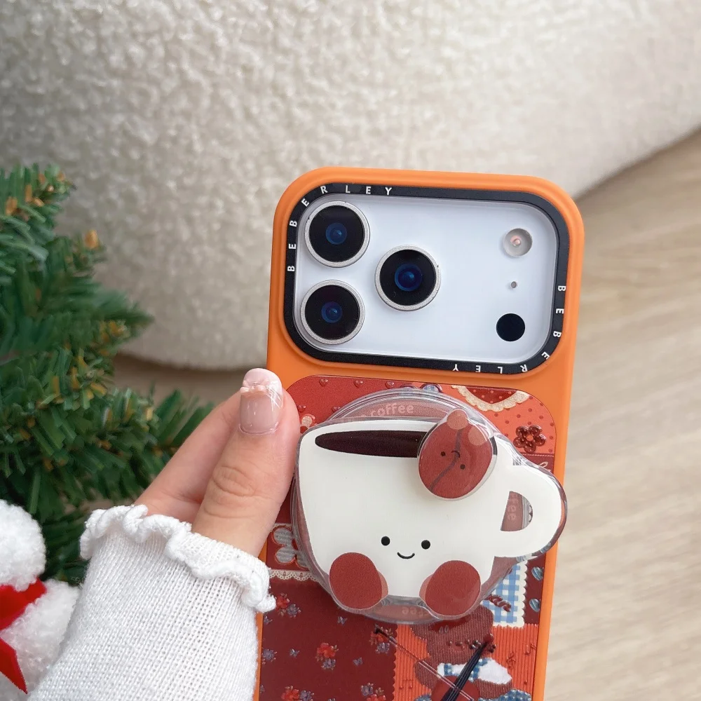 قهوة الدب الموسيقية ثلاثية الأبعاد المنقوشة لحافظة الهاتف المحمول ذات الحامل المغناطيسي، مناسبة لهاتف iPhone 14/15/16/17Pro، حافظة واقية