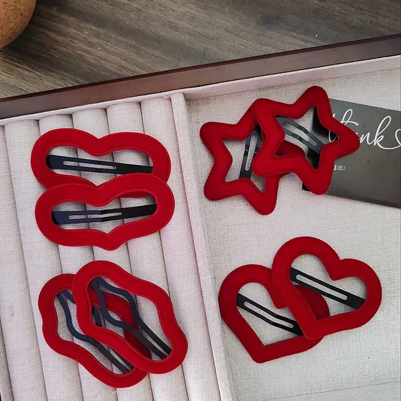 2PC Geometryczne aksamitne spinki do włosów Eleganckie chmurki w kształcie serca BB Spinki boczne Słodkie grzywki Klips Czerwona gwiazda Serce BB Akcesoria do włosów — zdjęcie 2