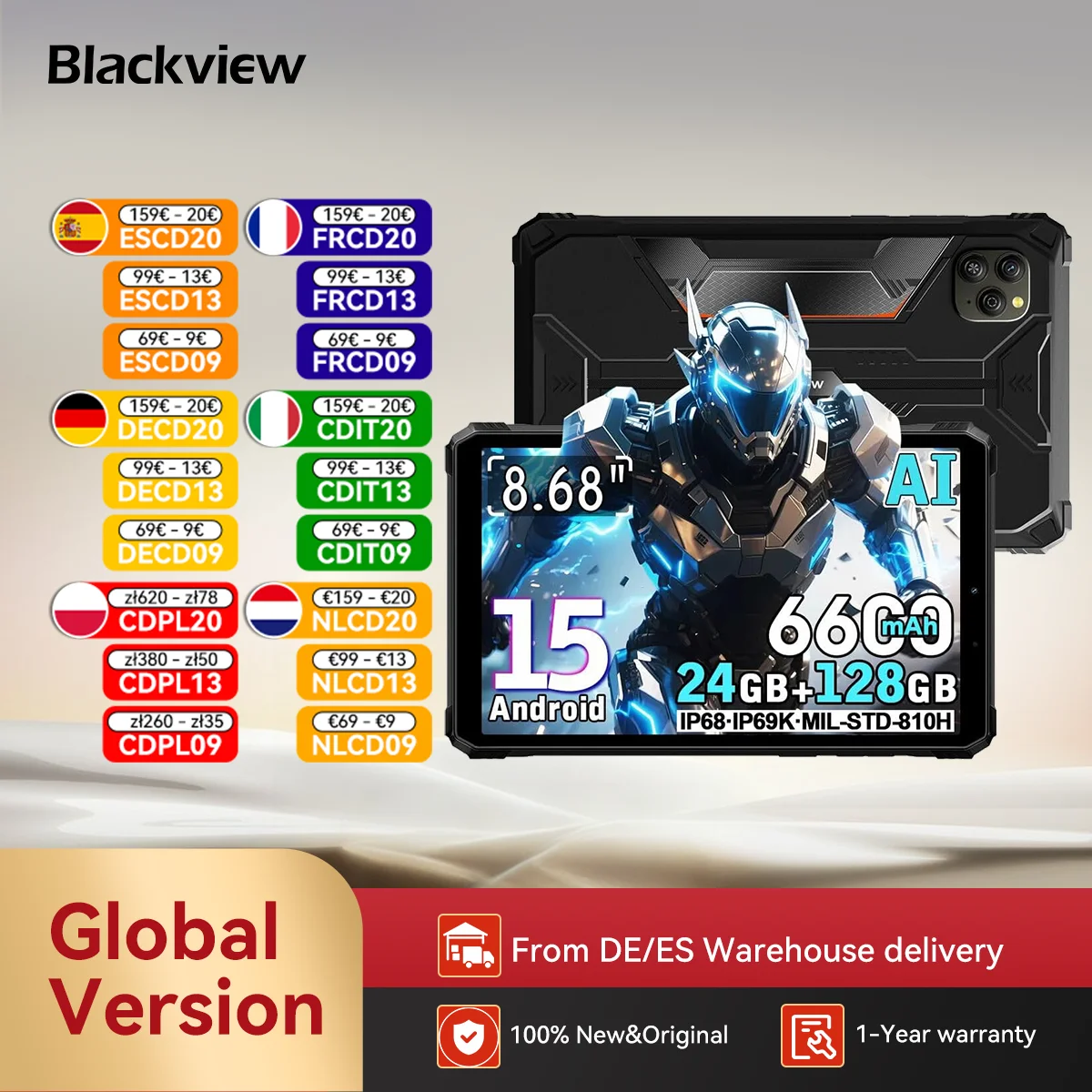 Blackview Active 5 Tablette PC robuste, 8,68 ''HD+ 90 Hz, étanche IP68/IP69K, tablettes Android 15 AI, 8 Go + 128 Go, 6600 mAh/18 W