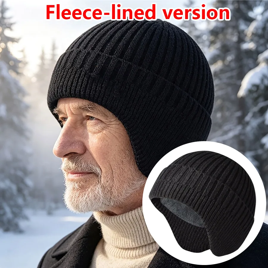 Men Winter Fleece Lined Ear Flap Beanie Hat, New Extra Inner Warm Fashion Casual Brimless Cap for Middle Aged Elderly Men