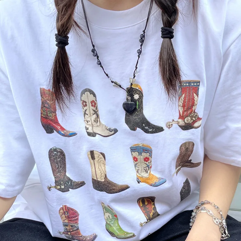 女性のためのヴィンテージの夏のTシャツ,だぶだぶのTシャツ,ボヘミアンTシャツ,カウボーイTシャツ,レトロなプリントTシャツ