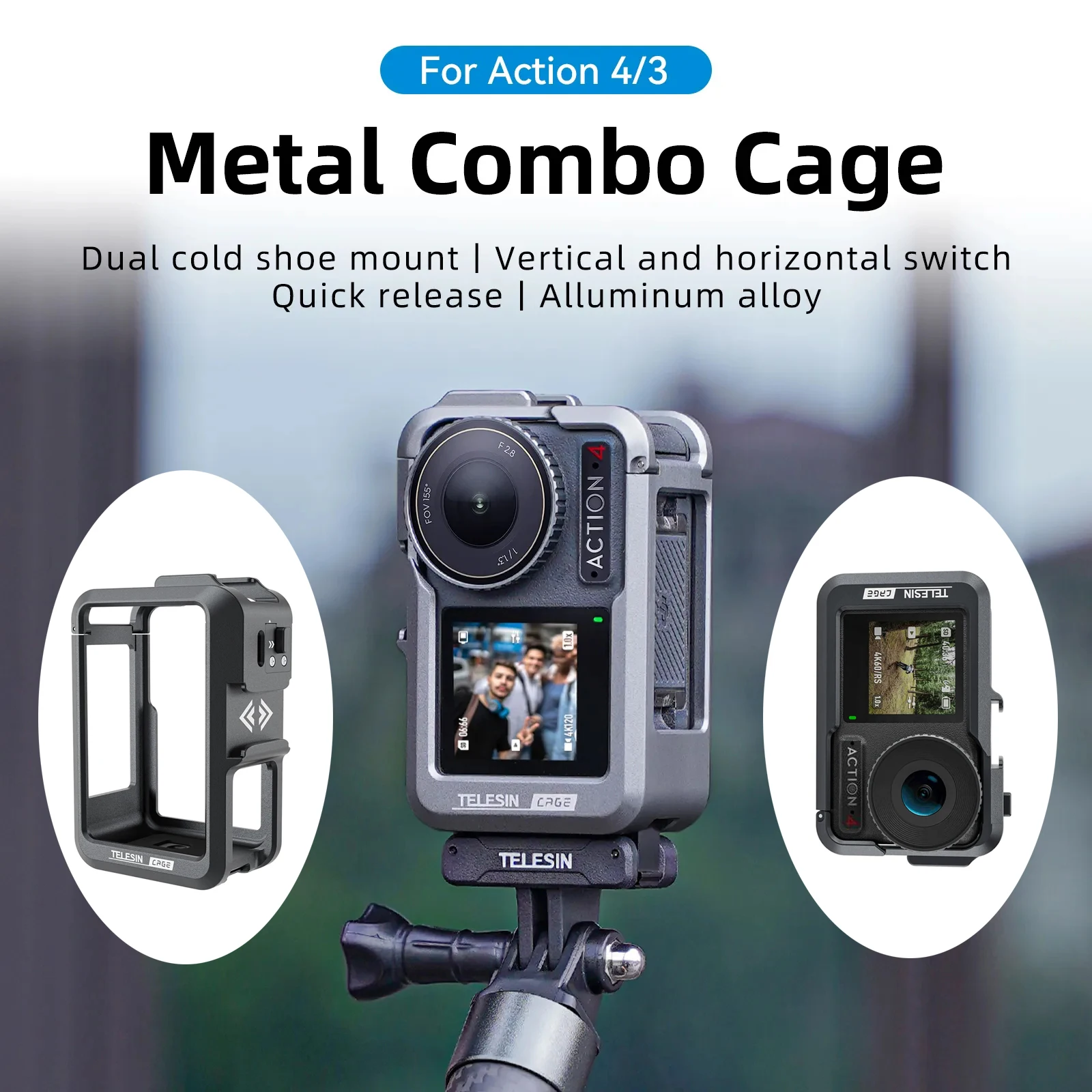 

TELESIN Metal Cage For DJI Action 4 Aluminium Alloy Frame Case For DJI Action 4 Shoot Vertically Dual Cold Shoe Protective Shell