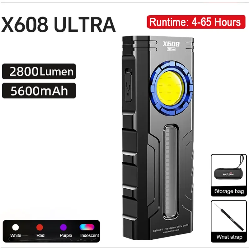 Warsun X608 Flashlight Ultra Bright Rechargeable Torch Multi-functional Portable Home Work Light Outdoor Long Range Campin