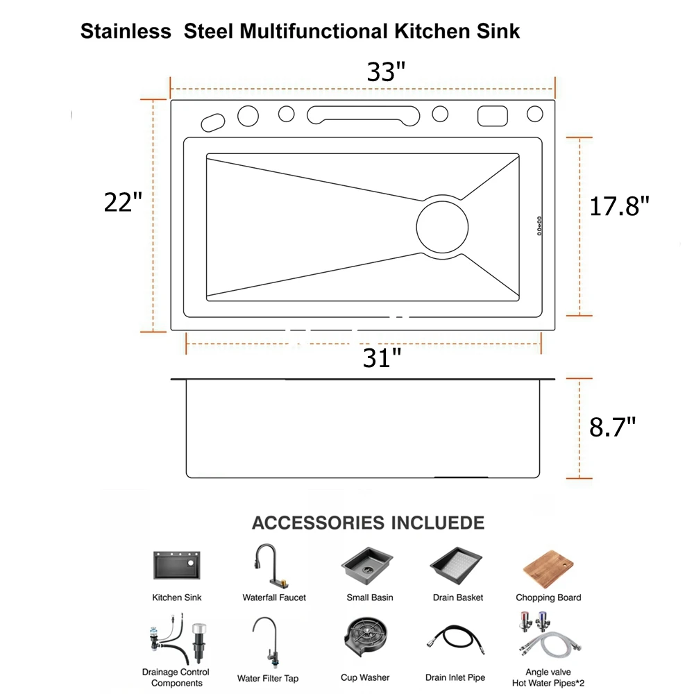 33 x 22 Inch Workstation Kitchen Sink, Nano Stainless Steel Sink with Digital Control Waterfall Pull-Out Faucet, 4 Water Outlet Modes & Full Accessories
