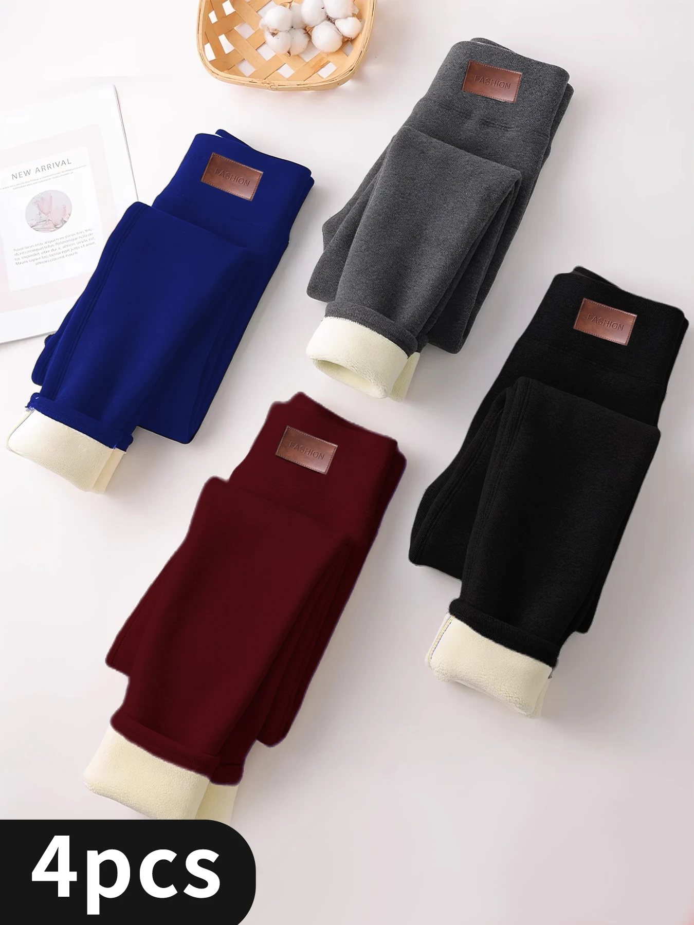 

Women's High-Waisted Fleece-Lined Tummy Control Leggings 4-Pack Thickened Elastic Waistband Winter Thermal insulation Side Pocke
