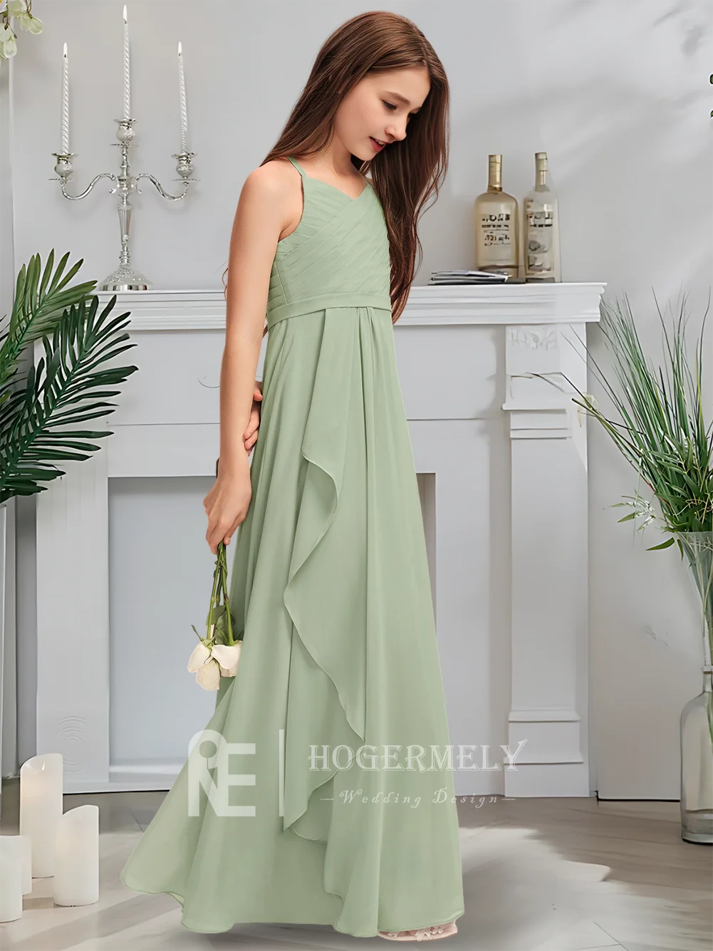 فستان وصيفة العروس الصغير برقبة على شكل V للأطفال فستان فتاة الزهور شيفون بطول الأرض مع كشكشة أنيقة لحفلات الزفاف للفتيات ملابس رسمية #5