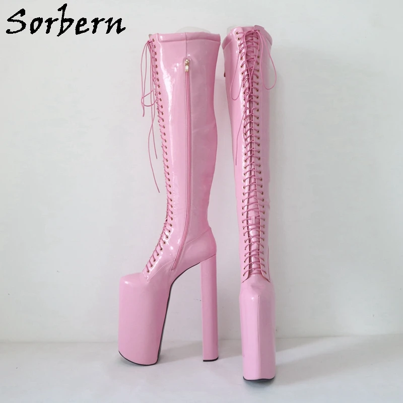 Sorbern Pink Over The Knee Boots Women Unisex Fetish 30Cm Block High Heel Invisible Platform Shoes Drag Queen Custom Size EU3-48